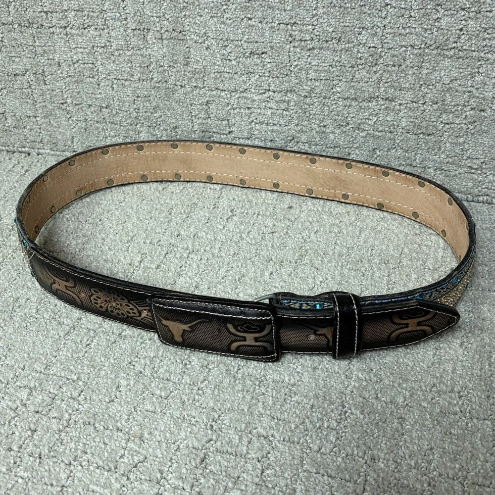 Custom Western Bling Belt Leather Tooled Texas Longhorn Buckle Rhinestone Blue L